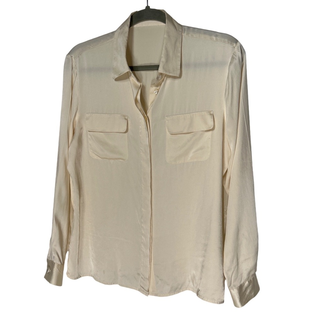 Lightweight Silk 2 Pocket Button Down Blouse Cream 21" Wide 26" Long